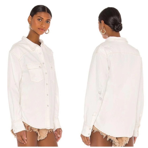 RETROFÊTE Dora Distressed Denim Shirt Jacket - Vintage White - Picture 5 of 10